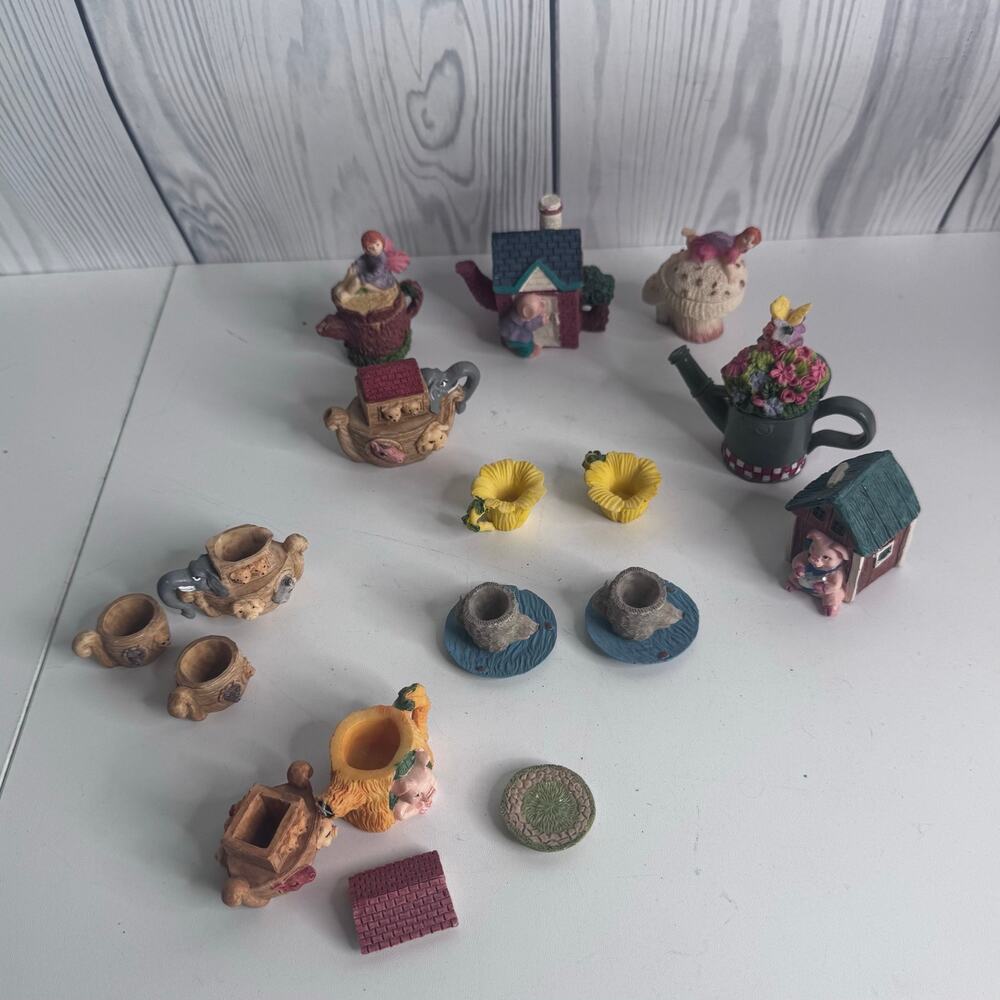 Vintage Ceramic Resin Miniature Figures Teapots Lot of 15 Pieces Trinkets